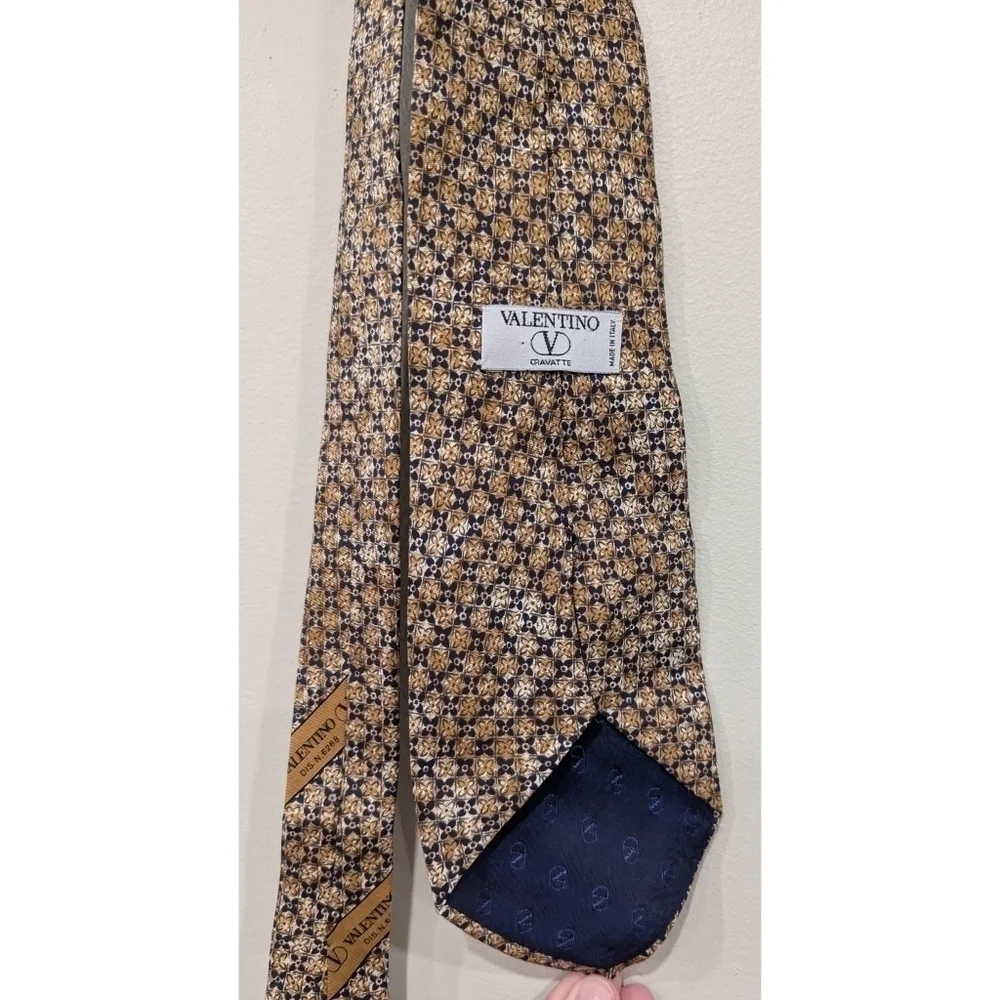 Valentino 100% Silk Tan and Navy Blue Tie One Size